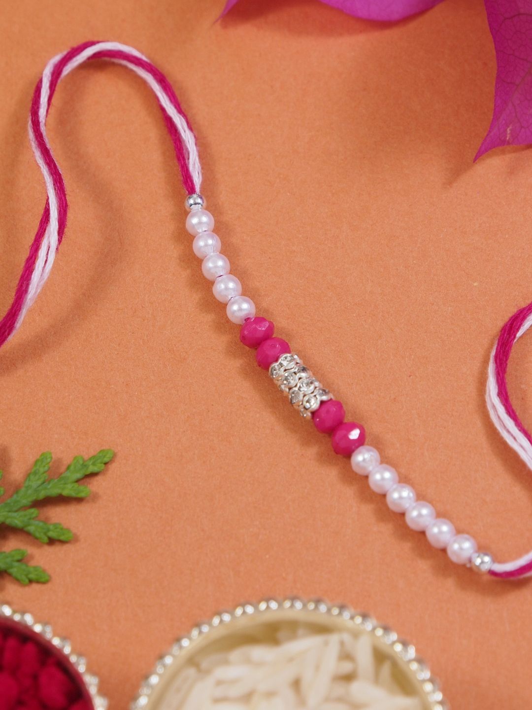 

I Jewels Boys Pearls Beaded Thread Rakhi With Roli Chawal & Greeting Card, Pink