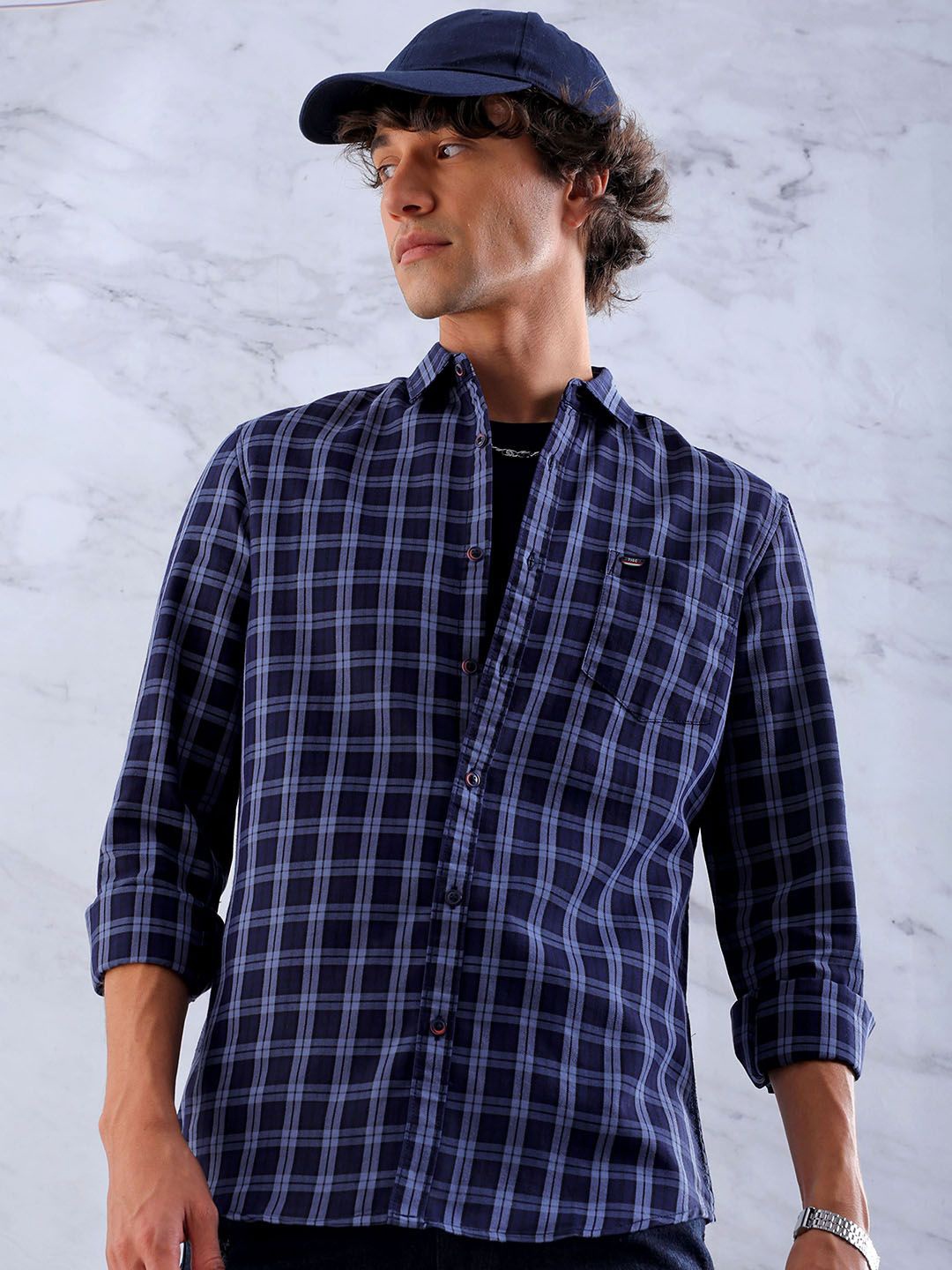 

The Indian Garage Co Men Slim Fit Cotton Checked Casual Shirt, Navy blue