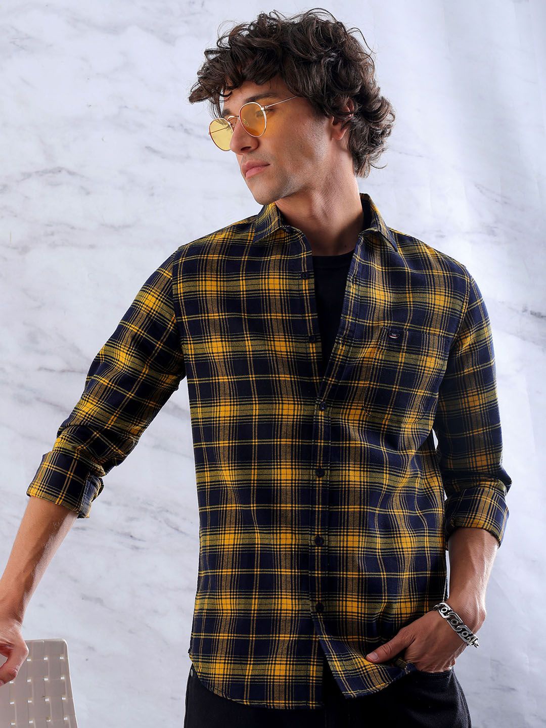 

The Indian Garage Co Men Slim Fit Tartan Checks Opaque Checked Casual Shirt, Yellow