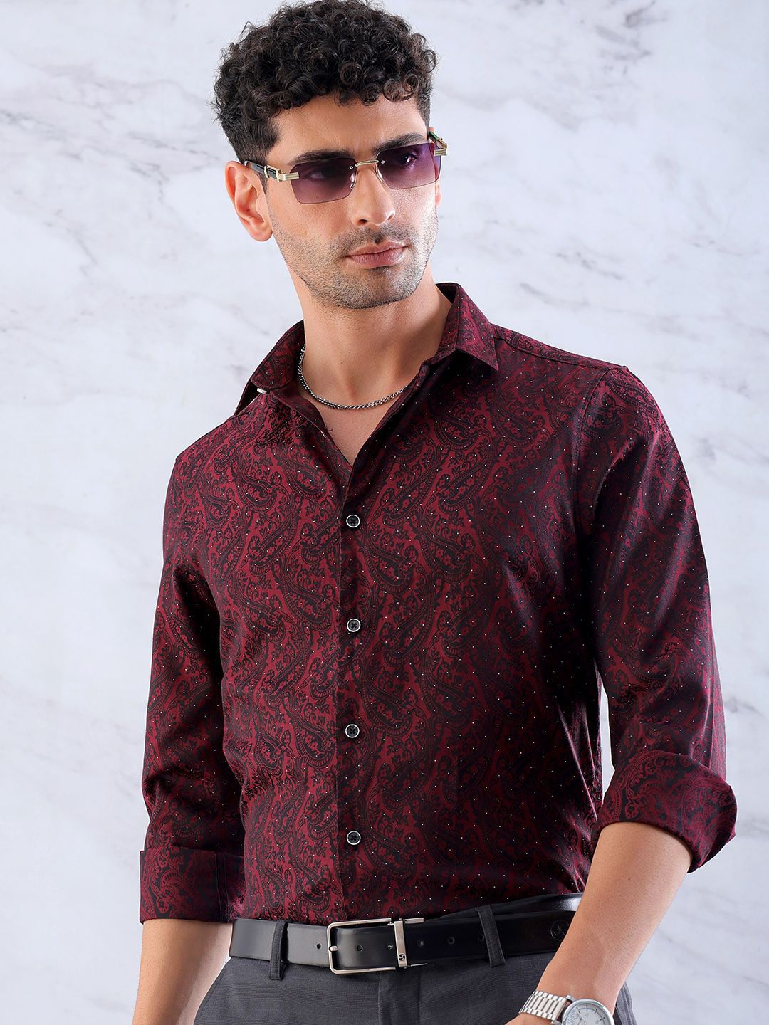 

The Indian Garage Co Men Slim Fit Printed Party Shirt, Maroon