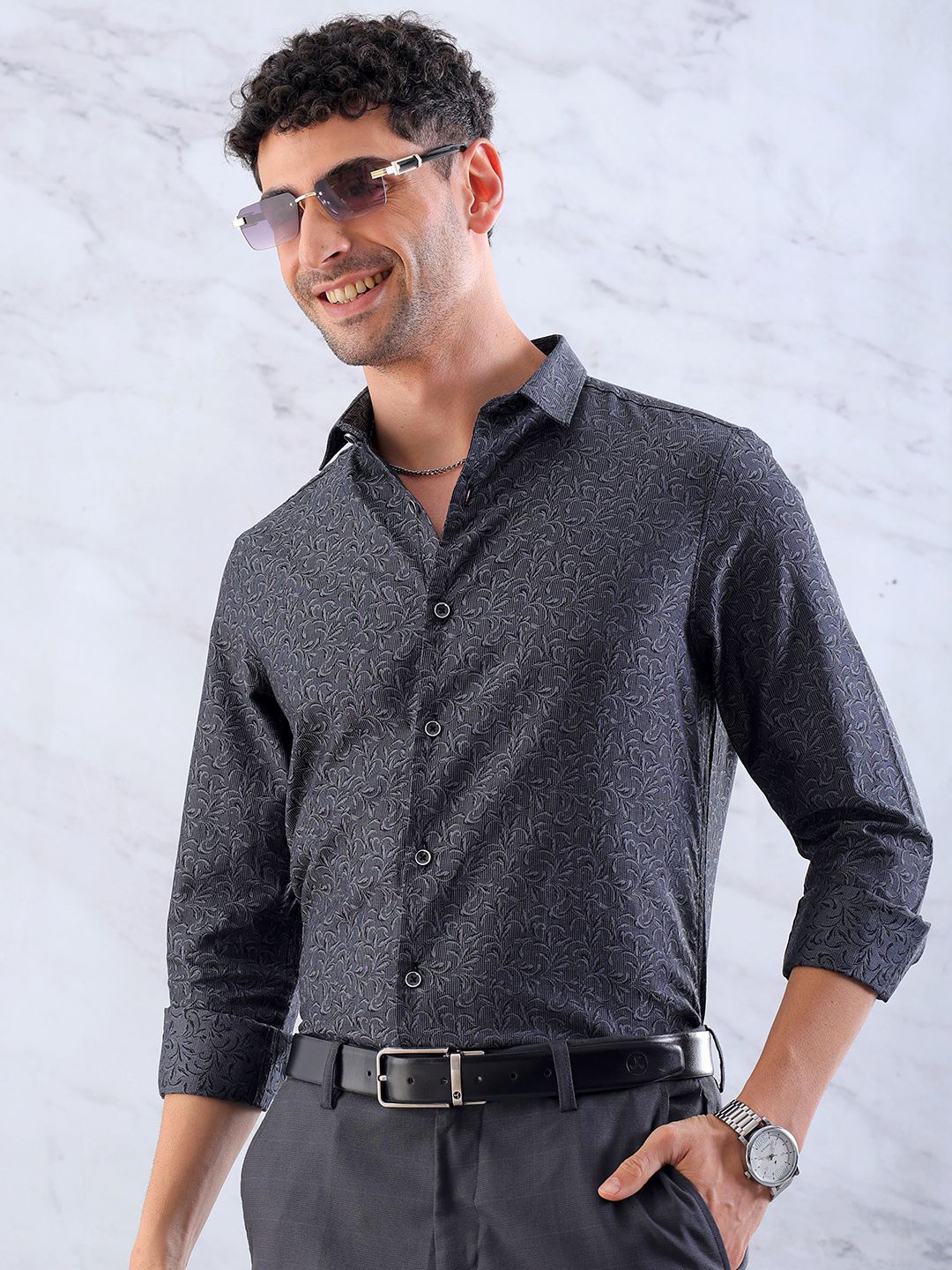 

The Indian Garage Co Men Slim Fit Opaque Printed Party Shirt, Grey