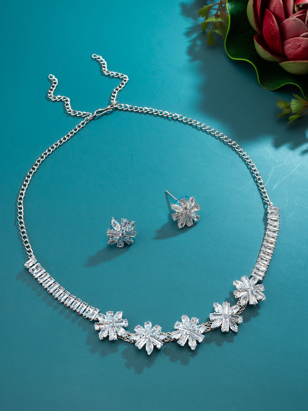 

aadita Silver-Plated American Diamond Studded Jewellery Set
