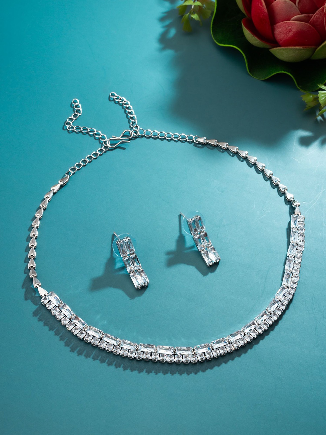 

aadita Silver-Plated American Diamond Studded Jewellery Set