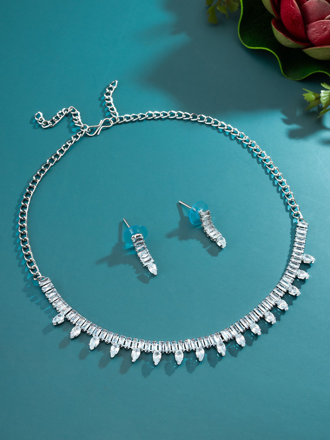 

aadita Silver-Plated American Diamond Studded Jewellery Set