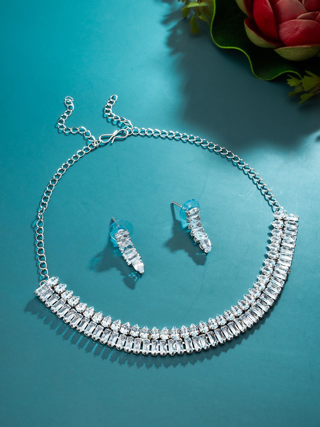 

aadita Silver-Plated American Diamond Studded Jewellery Set