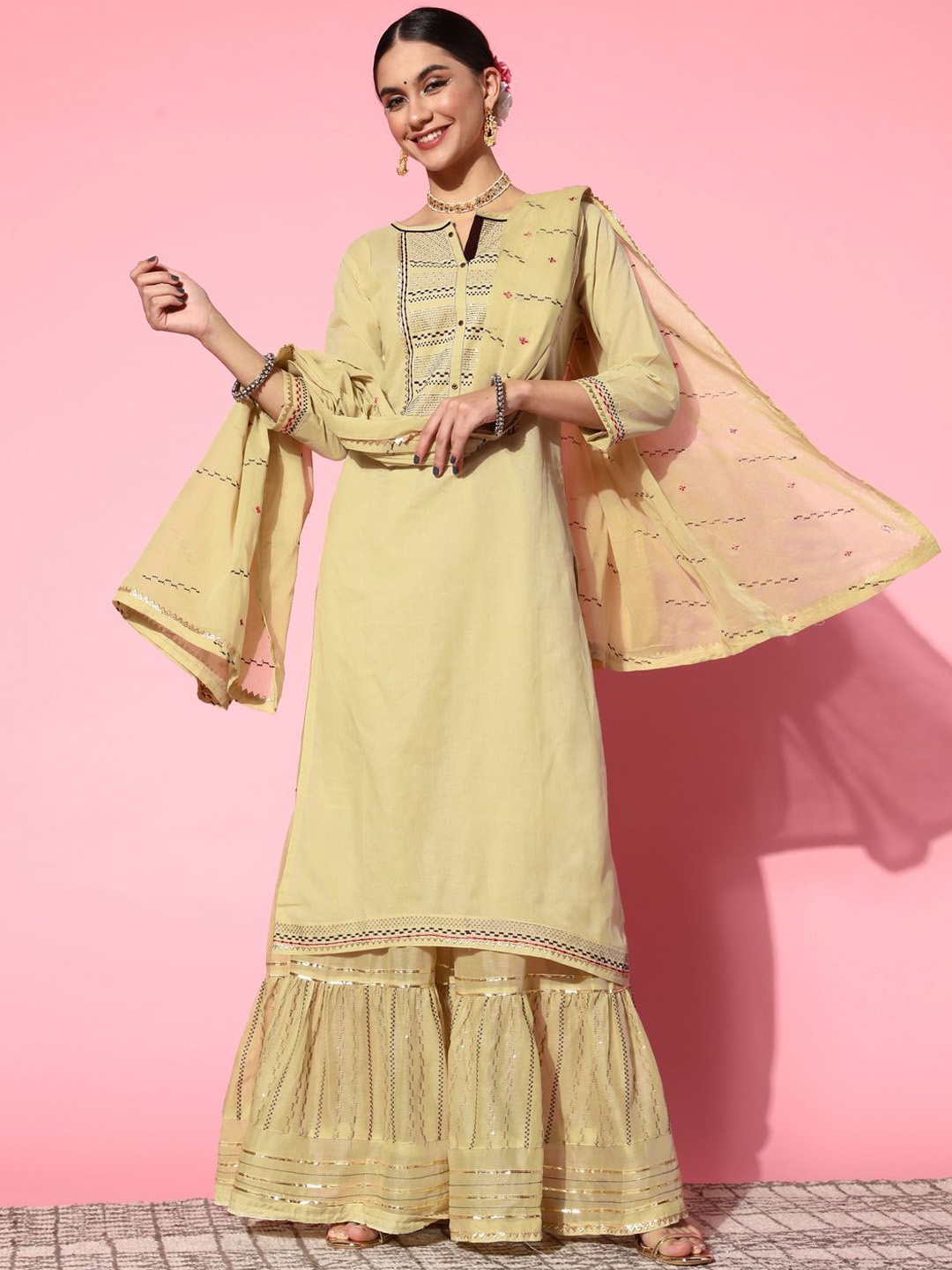 

Sangria Notch Neck Embroidered Straight Kurta With Sharara & Dupatta, Cream