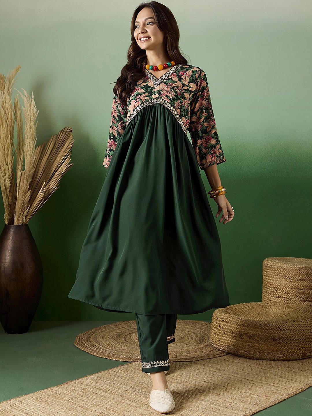 

Sangria V Neck Printed A-Line Kurta With Trouser Set, Green