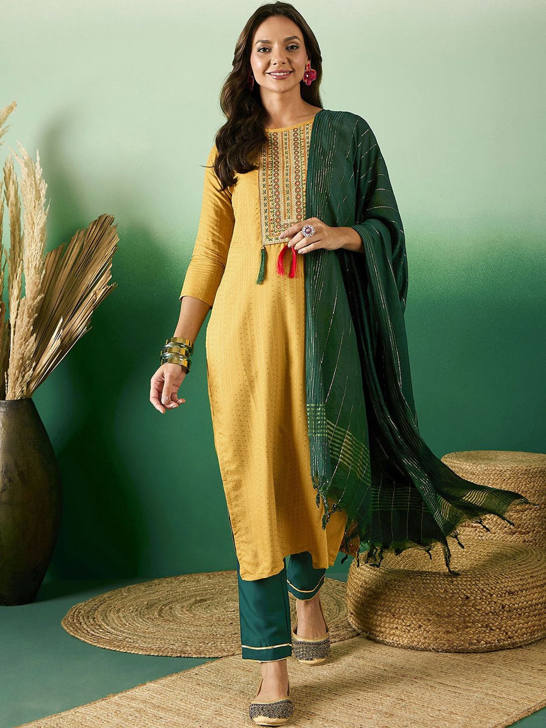 

Sangria Round Neck Embroidered Straight Kurta With Trouser & Dupatta Set, Yellow