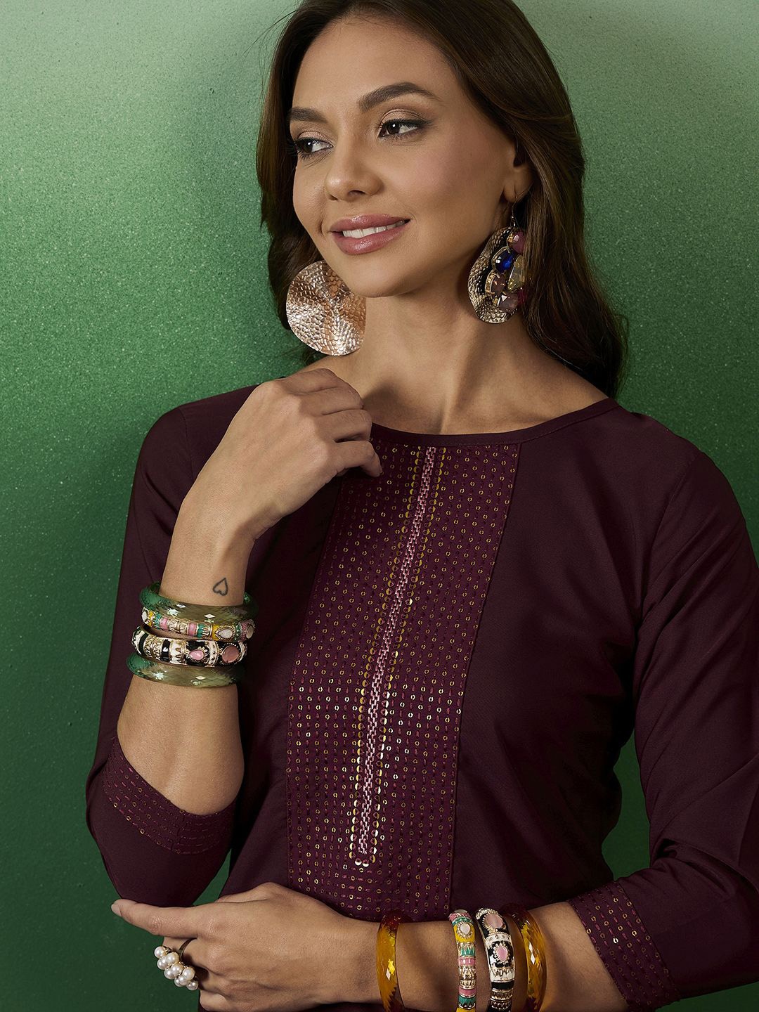 

Sangria Round Neck Embroidered Straight Kurta Sets, Maroon