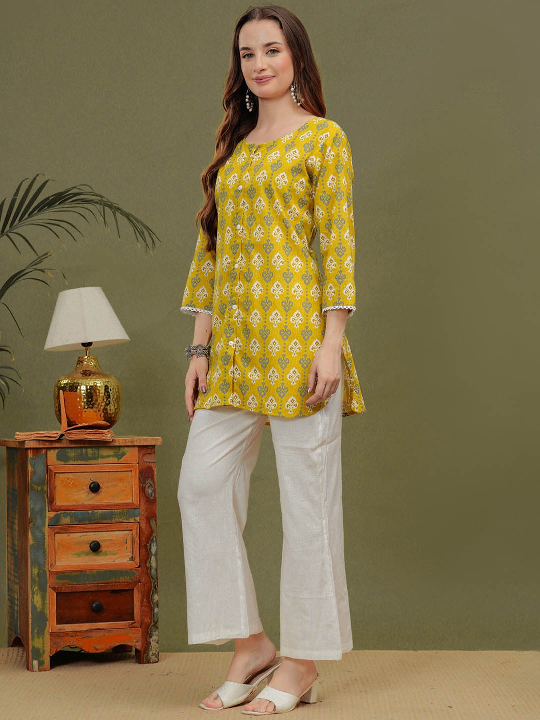 

KALINI Ethnic Motifs Printed Pure Cotton Straight Kurti With Harem Pants, Yellow