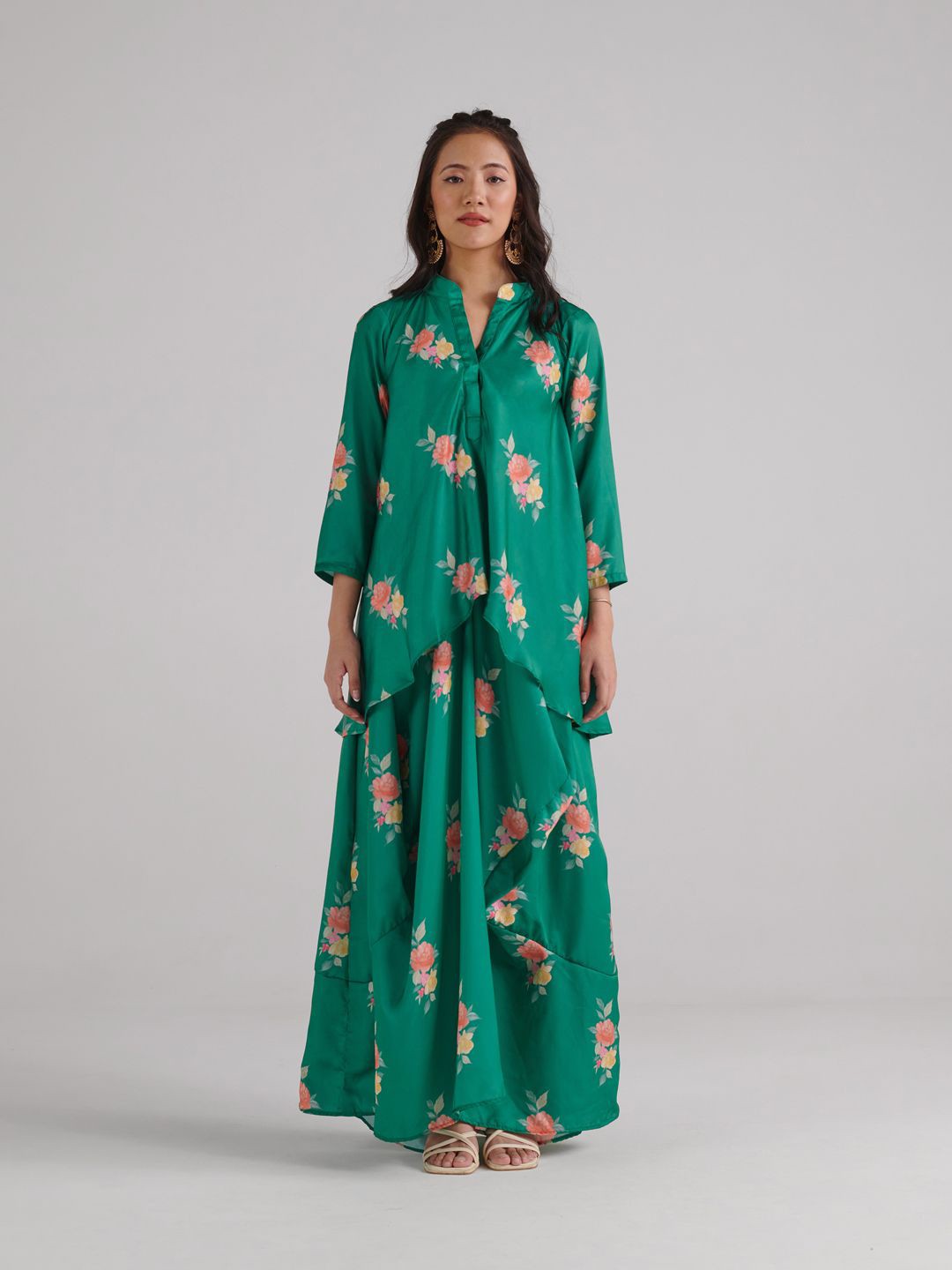 

Pasha Floral Printed Satin Maxi Dress, Green