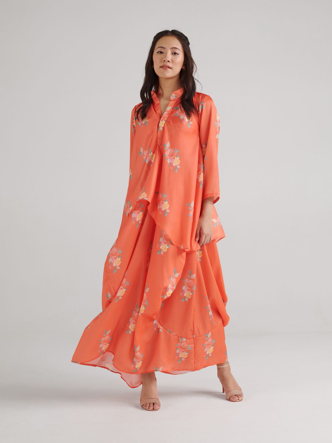 

Pasha Floral Printed Satin Maxi Dress, Orange
