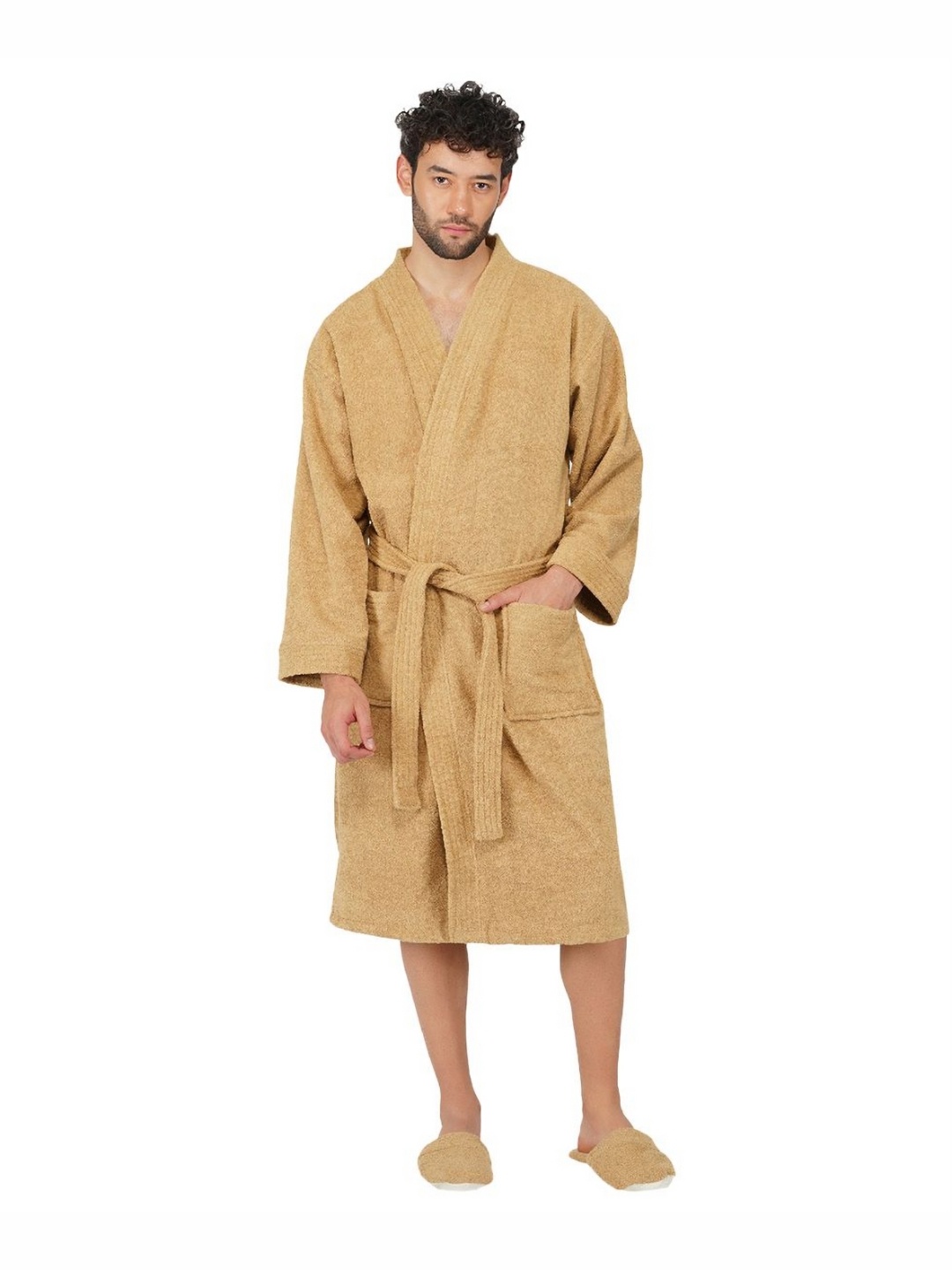 

RANGOLI Pure Cotton 400 GSM Bath Robe With Belt & Matching Slipper, Beige