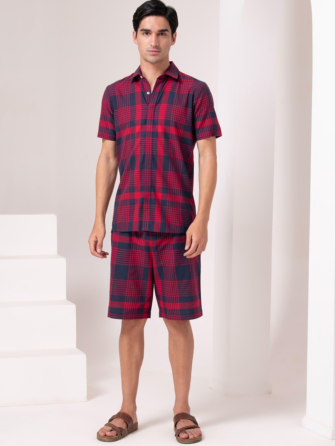 

HOUSE OF S Checked Pure Cotton Shirt With Shorts, Red
