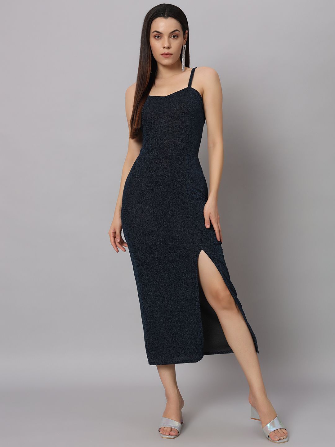 

VAARARO Shoulder Straps Bodycon Midi Dress With Slits, Blue