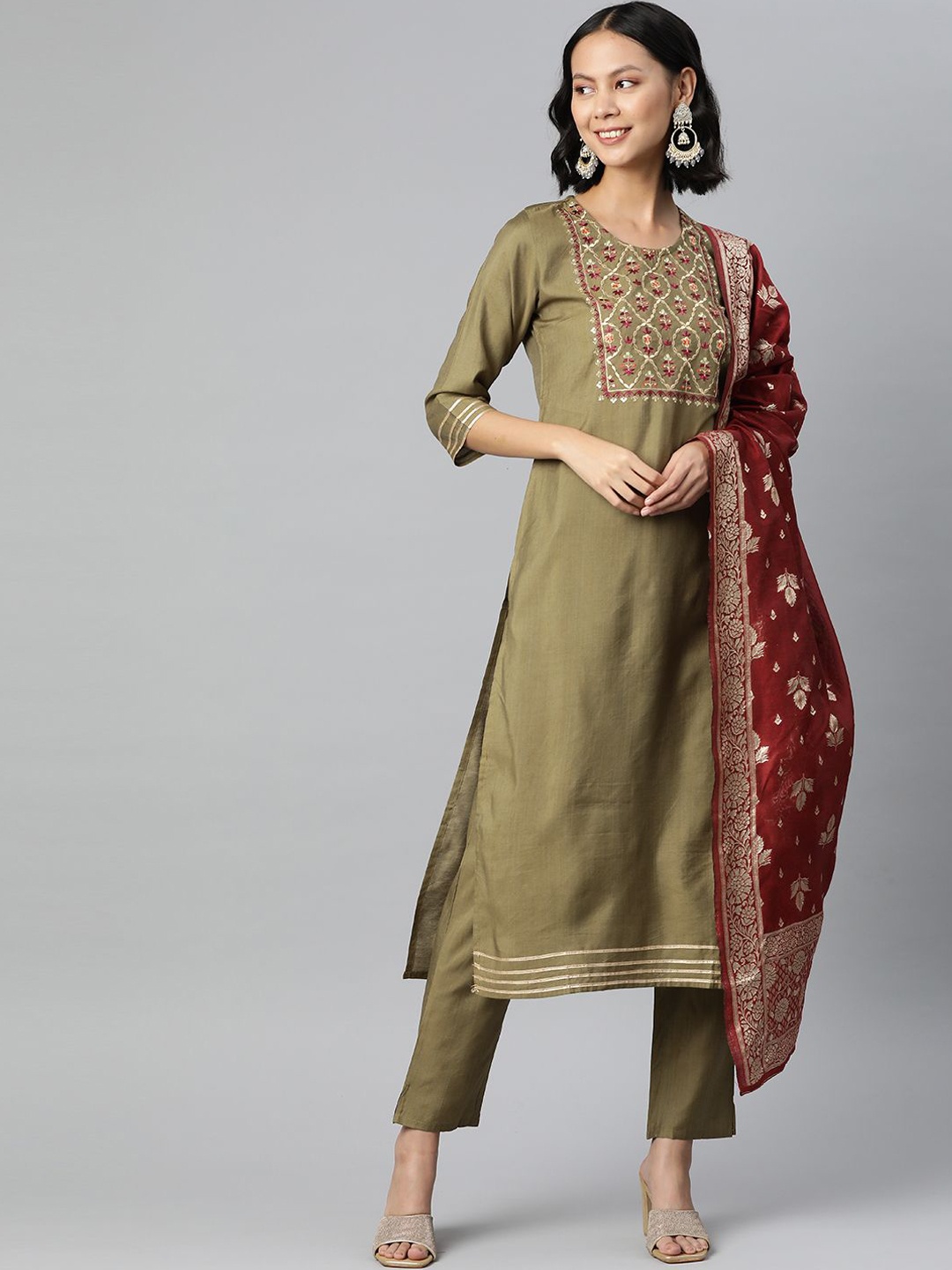 

KALINI Floral Embroidered Round Neck Straight Kurta With Trousers & Dupatta, Olive