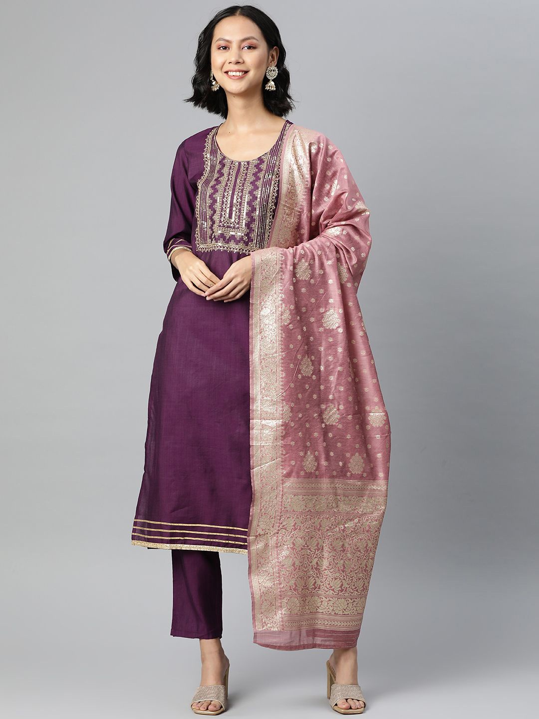 

KALINI Floral Embroidered Round Neck Straight Kurta With Trousers & Dupatta, Purple