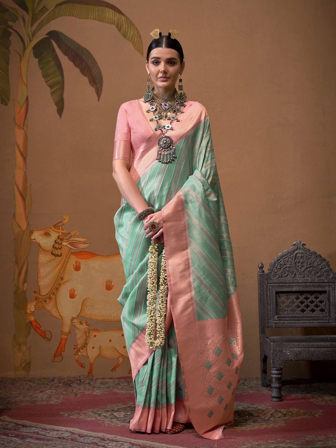 

elora Woven Designed Zari Saree, Sea green