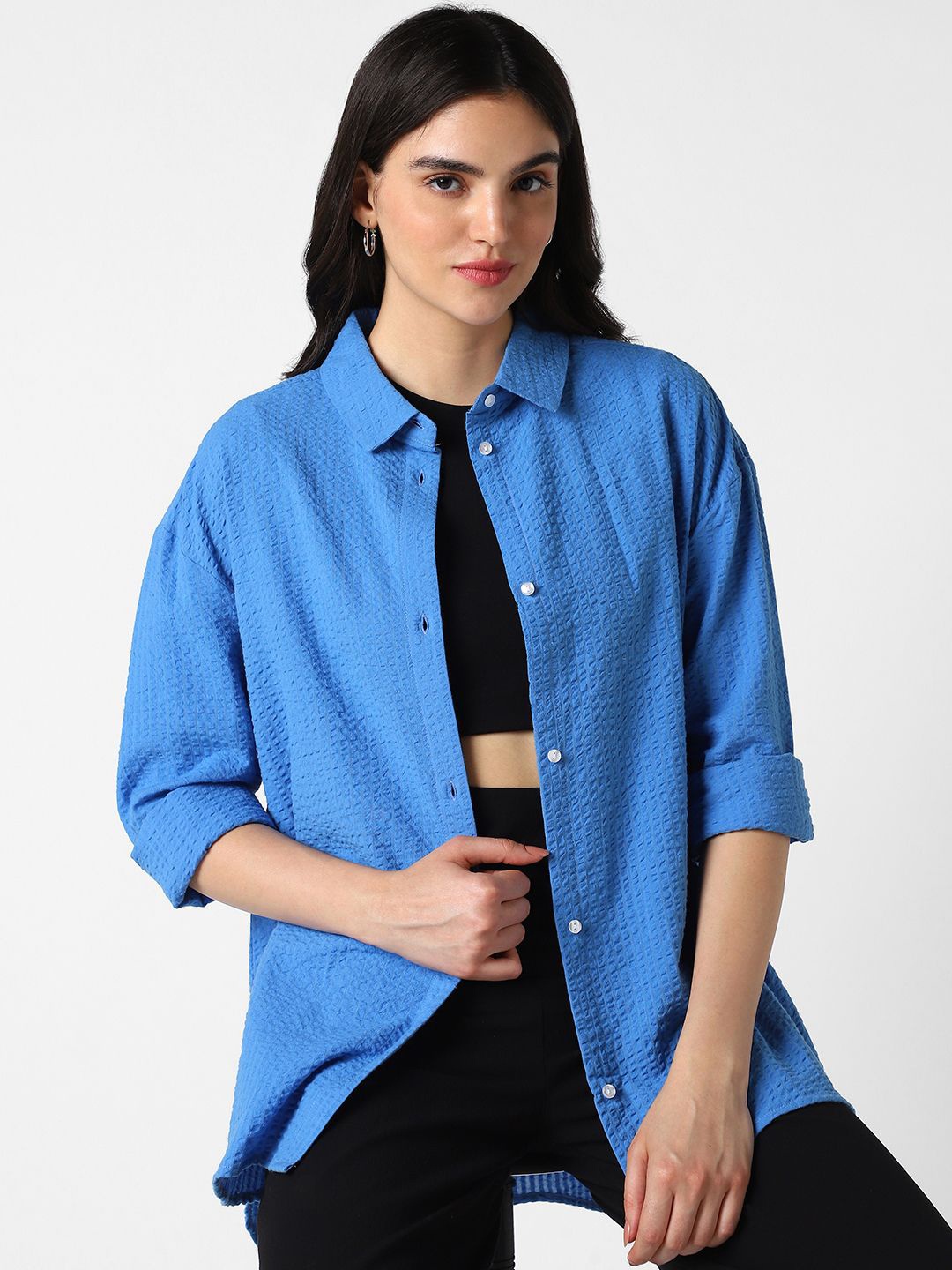 

VASTRADO Women Classic Self Design Seersucker Cotton Oversized Casual Shirt, Blue