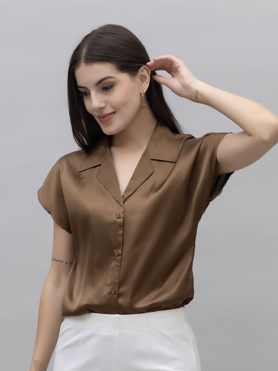 

PURYS Women Smart Solid Casual Shirt, Coffee brown