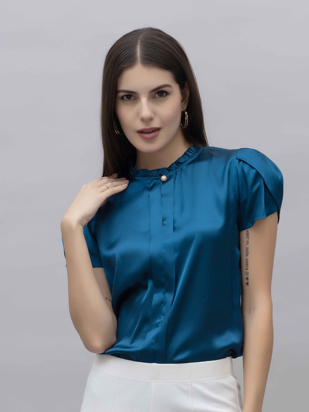 

PURYS Puff Sleeve Sheen Satin Top, Teal