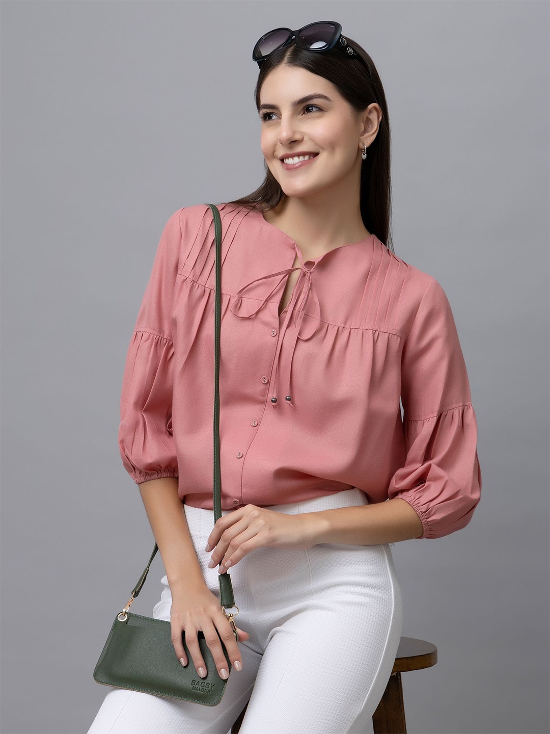 

PURYS Tie-Up Neck Puff Sleeve Linen Top, Pink