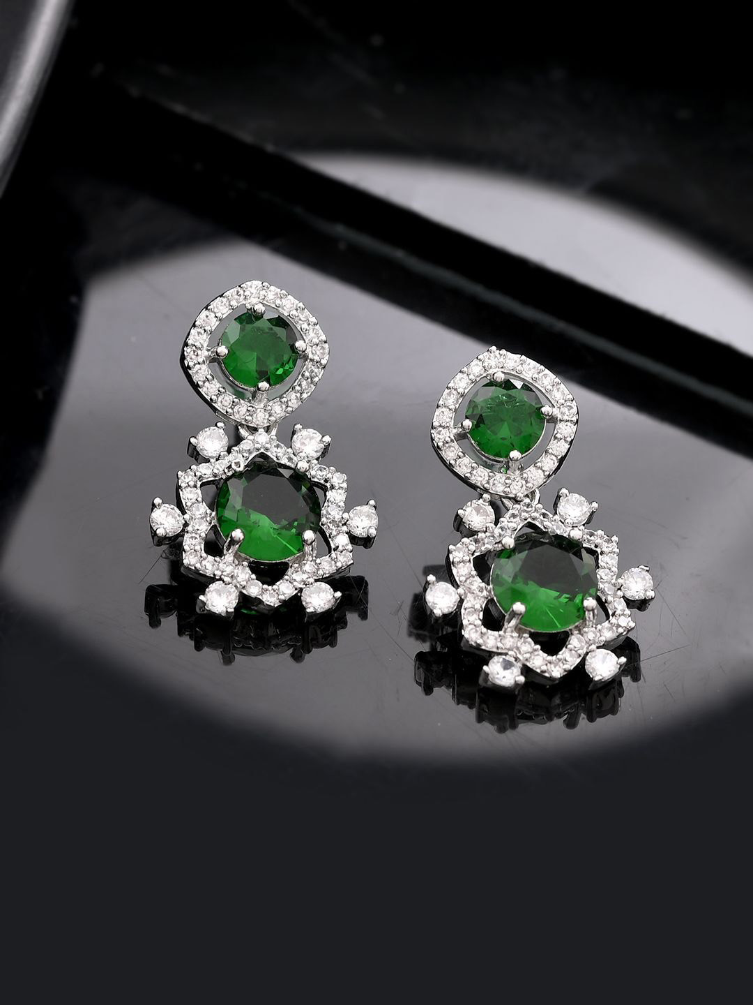 

Silvermerc Designs Silver Plated American Dimond Studded Floral Drop Earrings, Green