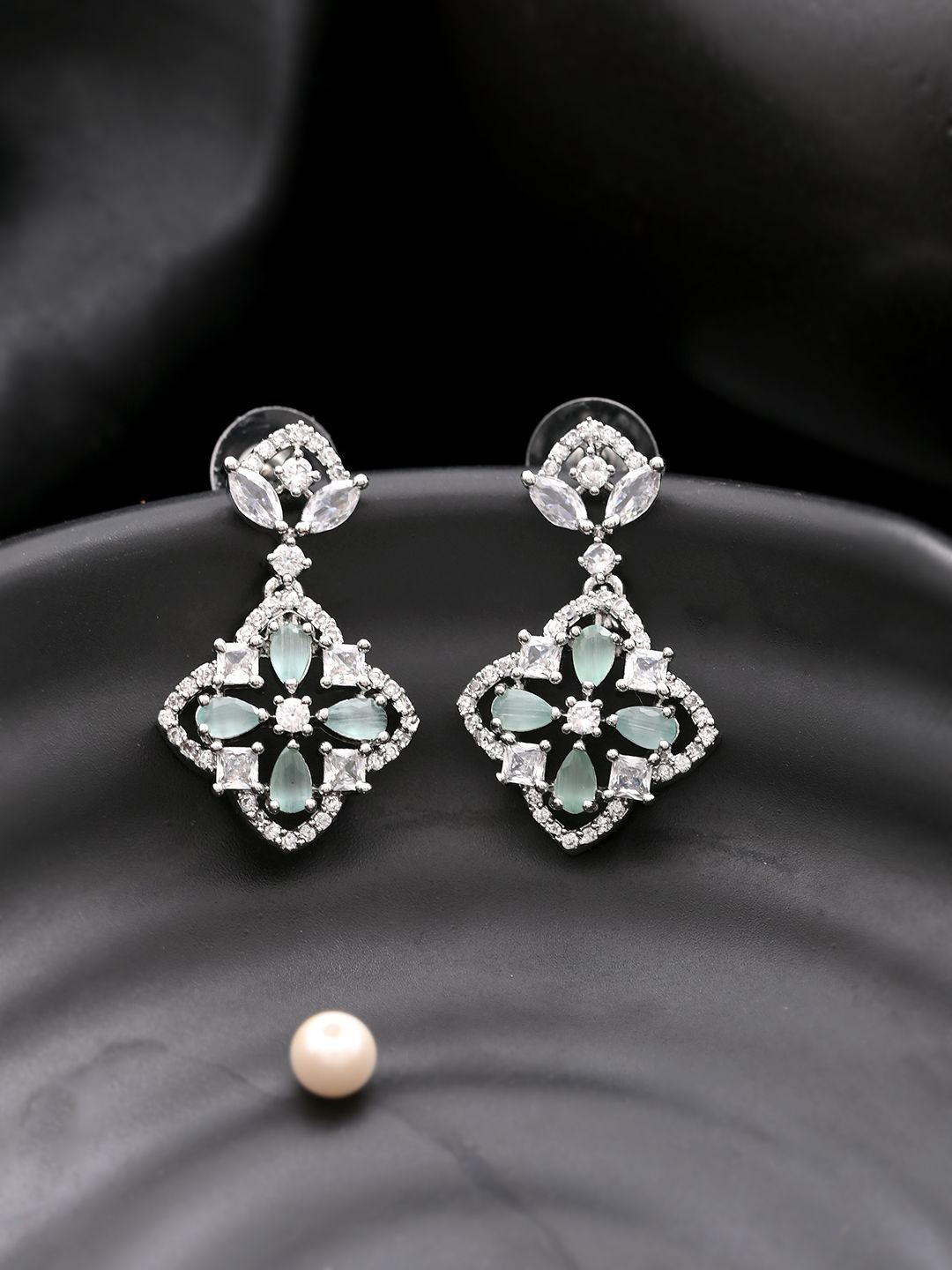 

Silvermerc Designs Silver Plated American Dimond Studded Square Drop Earrings, Green