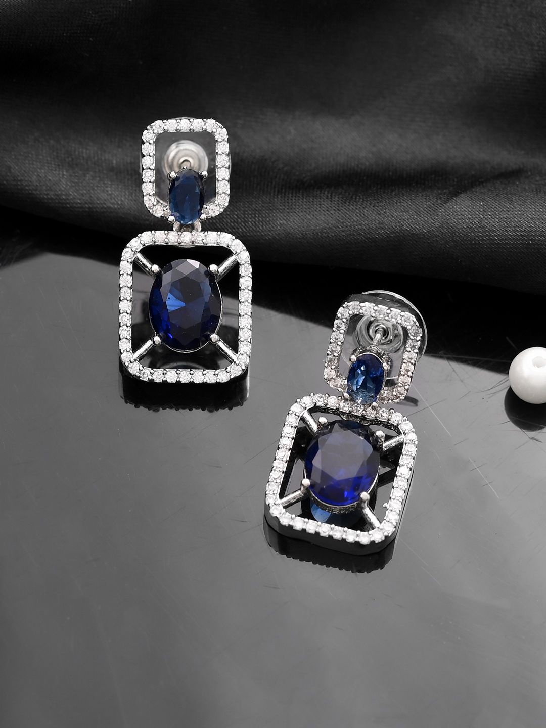 

Silvermerc Designs Silver Plated American Dimond Studded Square Drop Earrings, Blue