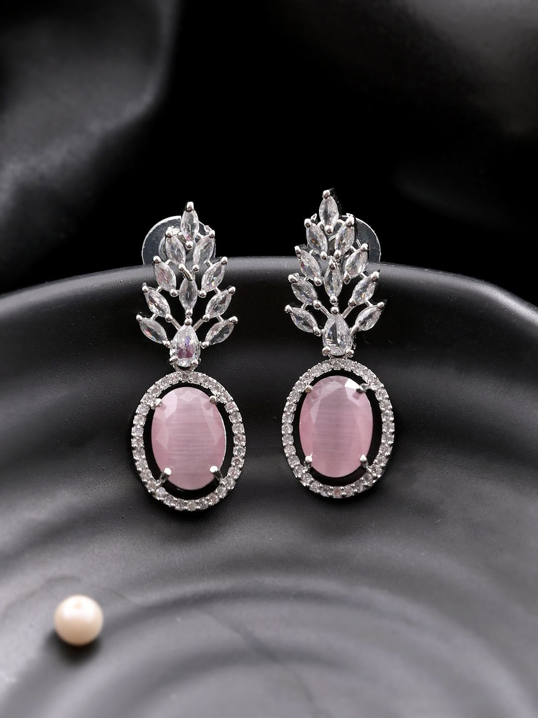 

Silvermerc Designs Silver Plated American Dimond Studded Circular Drop Earrings, Pink