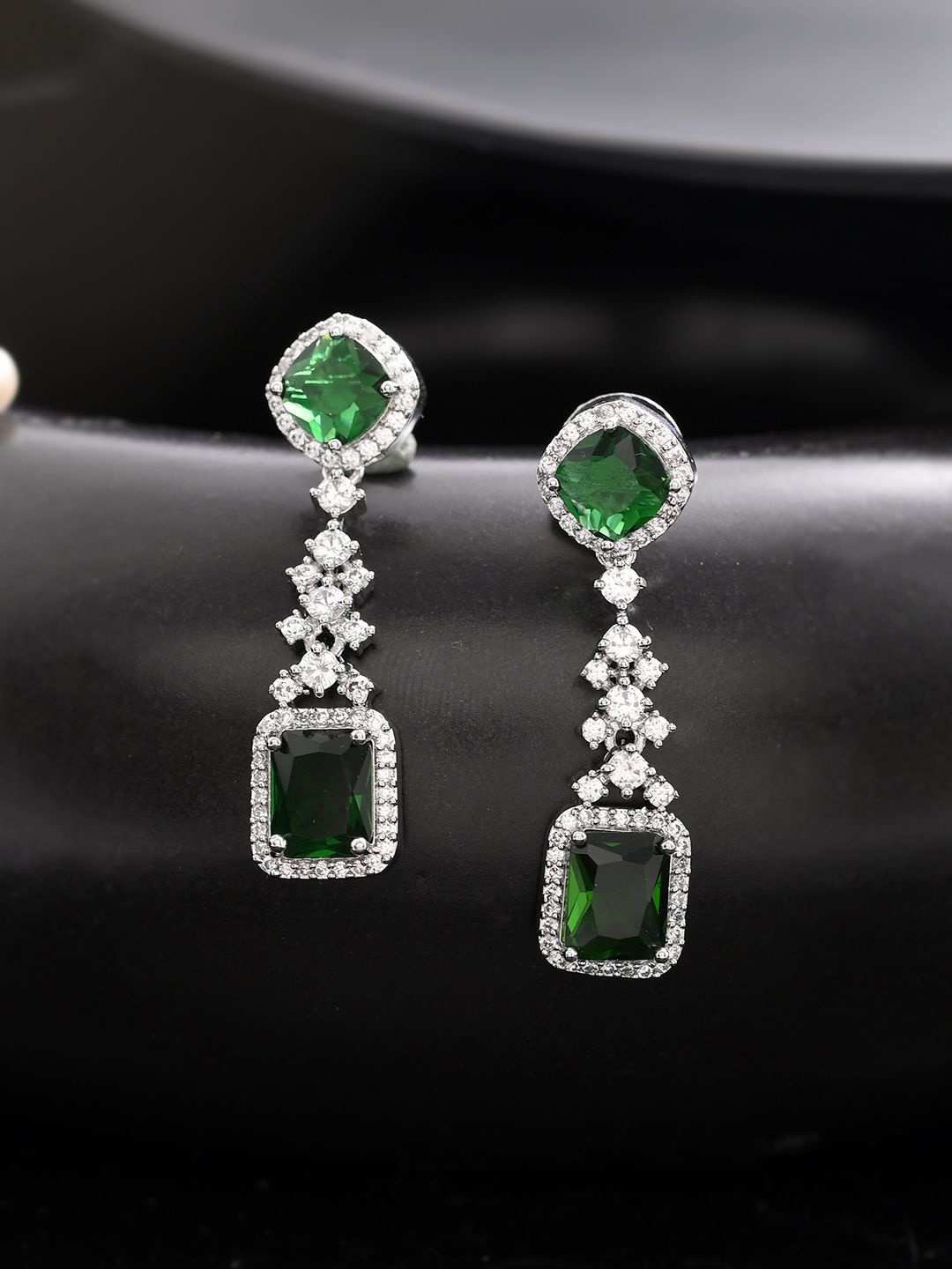 

Silvermerc Designs Silver-Plated Contemporary American Diamond Studded Drop Earrings, Green