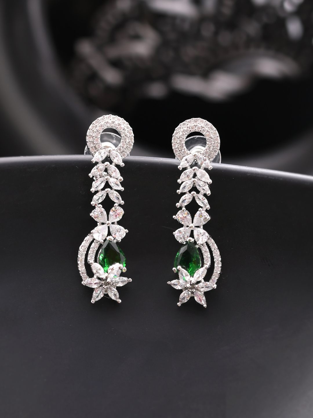 

Silvermerc Designs Silver-Plated Contemporary American Diamond Studded Drop Earrings, Green