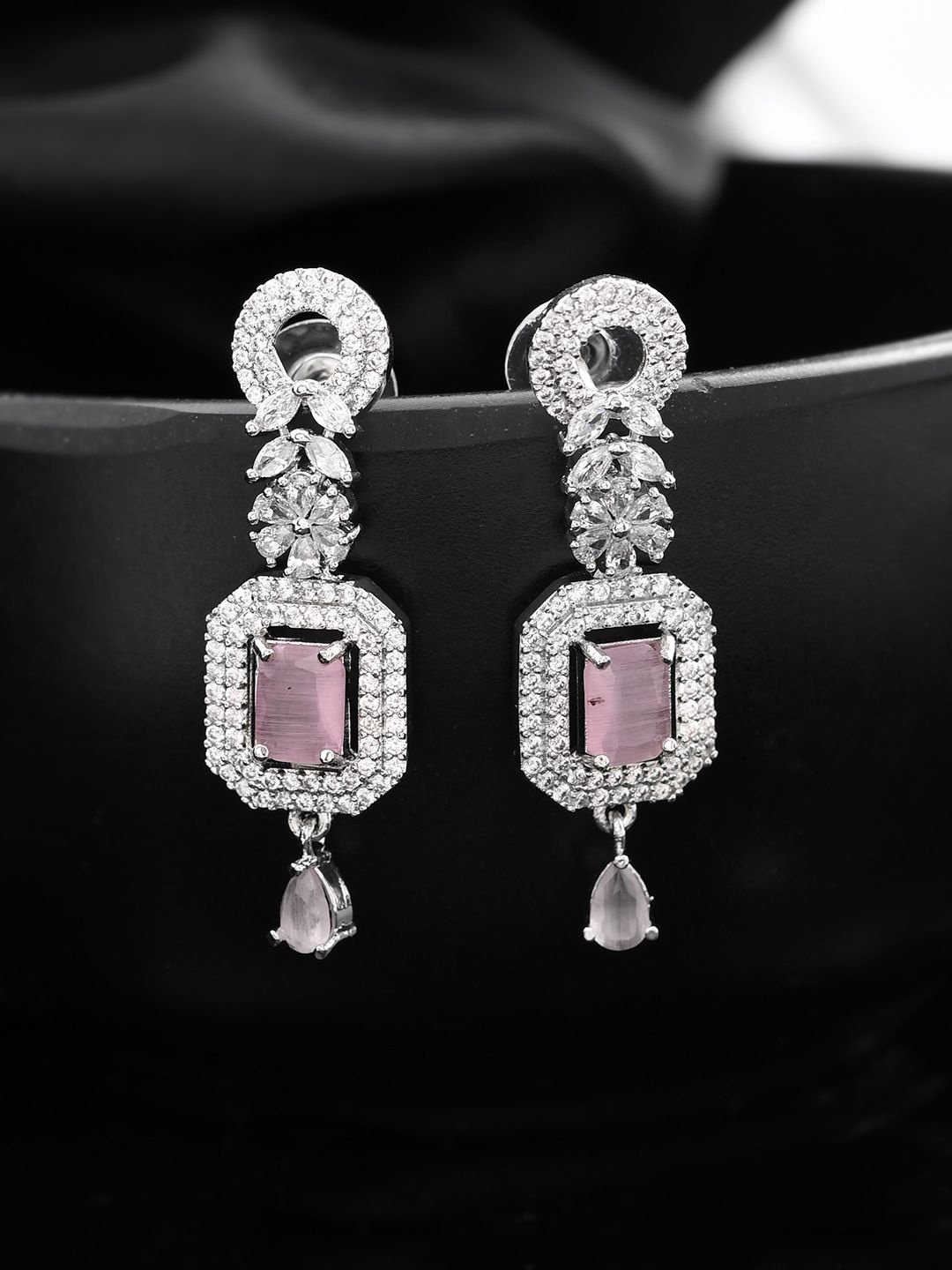 

Silvermerc Designs Silver-Plated Contemporary American Diamond Studded Drop Earrings, Pink