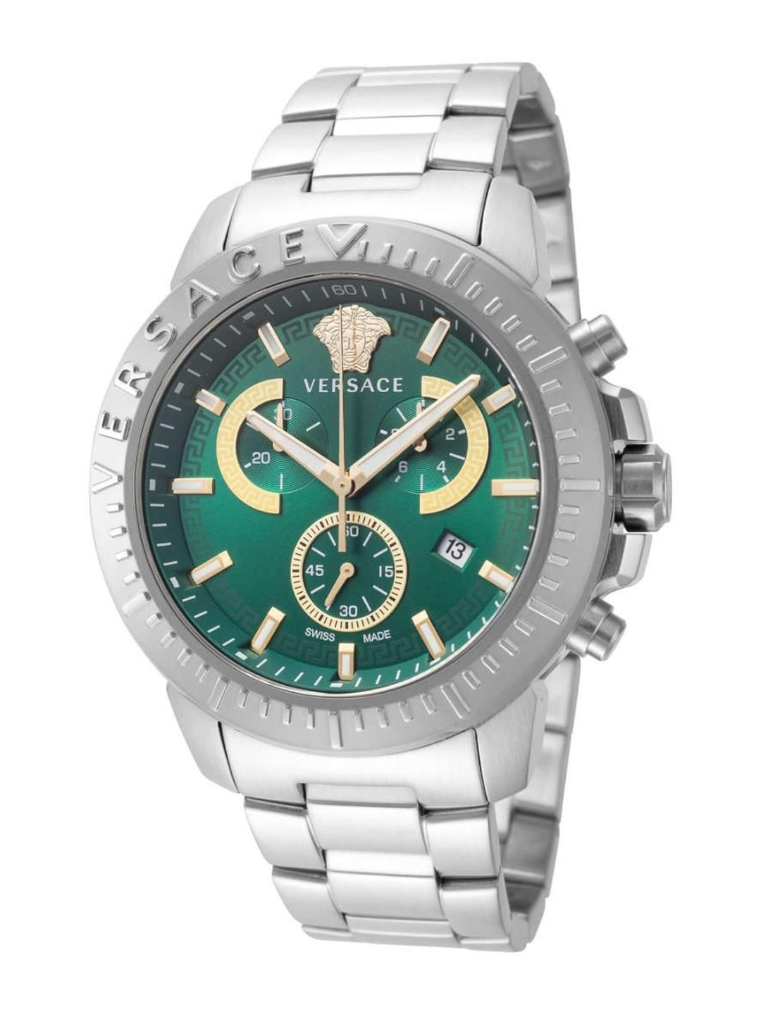 

Versace Men Brass Dial & Stainless Steel Bracelet Style Straps Analogue Watch VE2E00821, Green