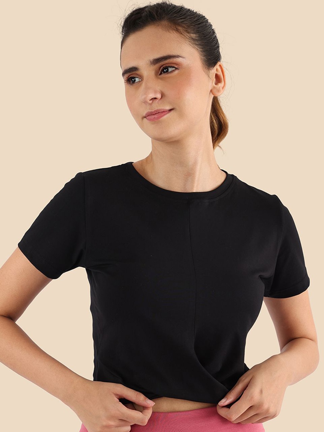 

Nite Flite Women Solid Round Neck Short Sleeves Cotton Crop Top, Black