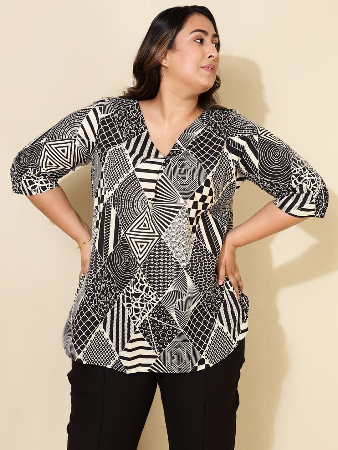 

Amydus Women Plus Size Geometric Printed Monochrome Cotton Top, Black