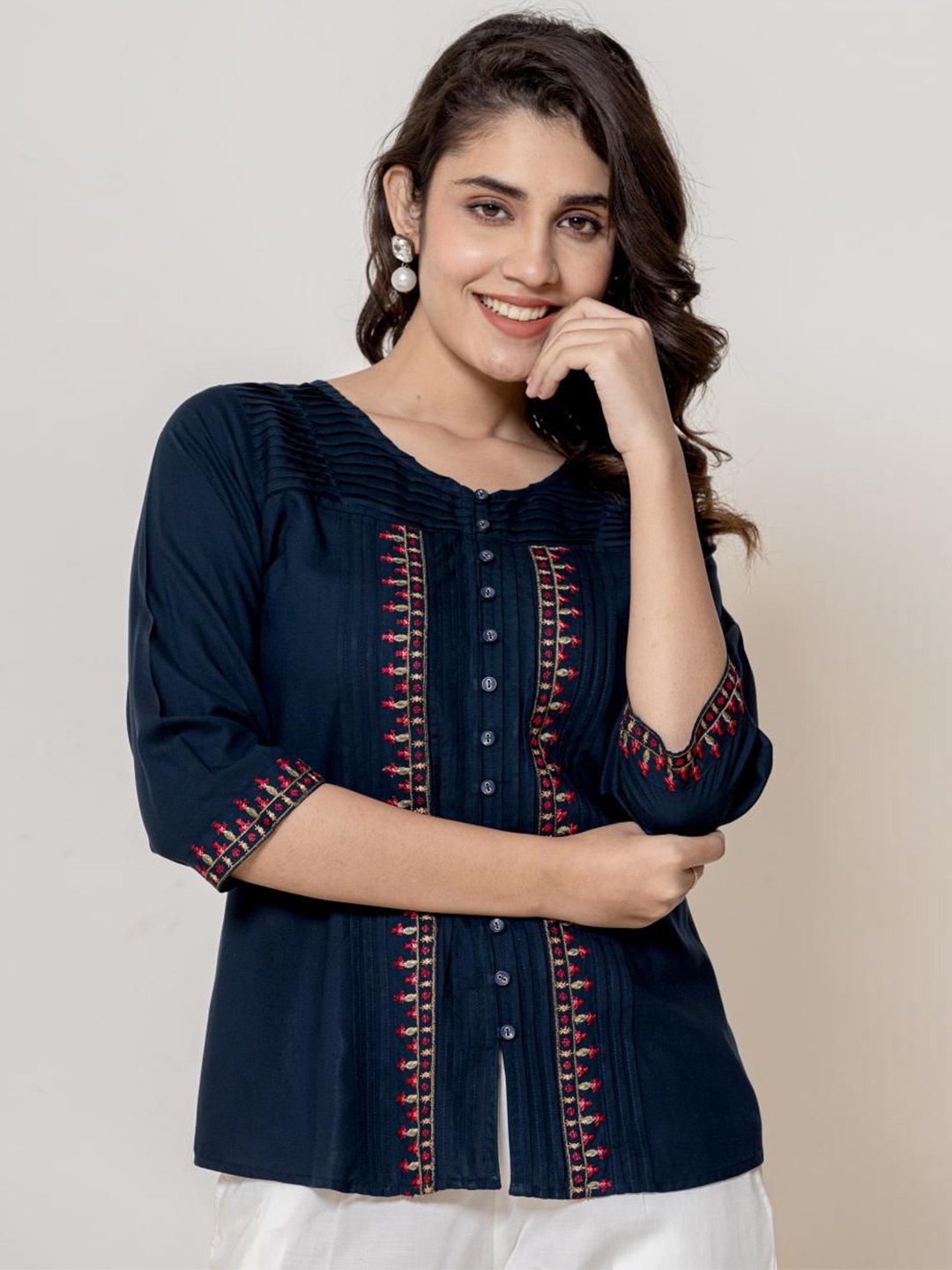 

Anouk Womens Navy Blue EMBROIDERY TOP - Modal Fabric, 3/4 Sleeves, Round Neck