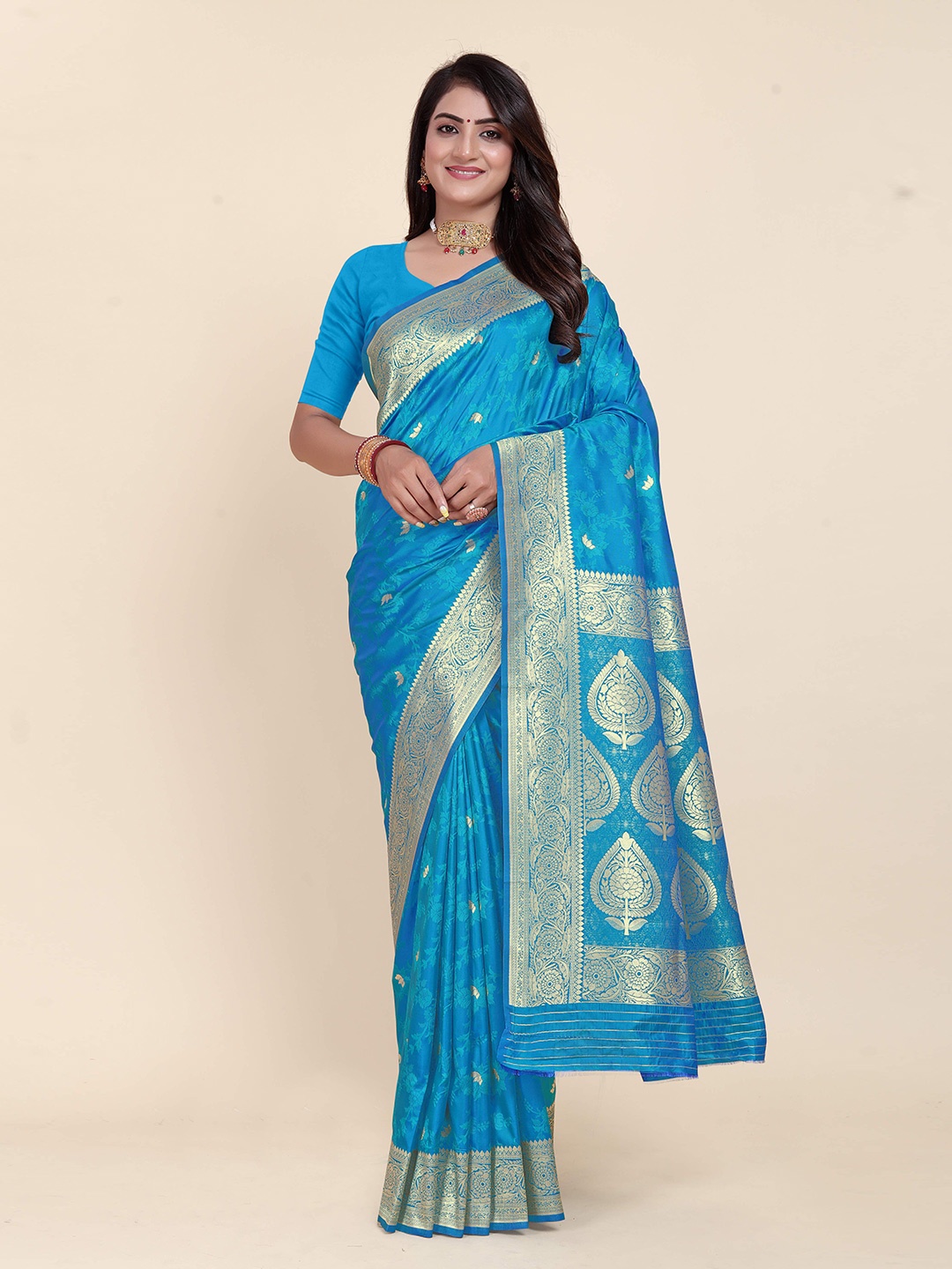 

Rujave Woven Design Zari Pure Silk Kanjeevaram Saree, Turquoise blue