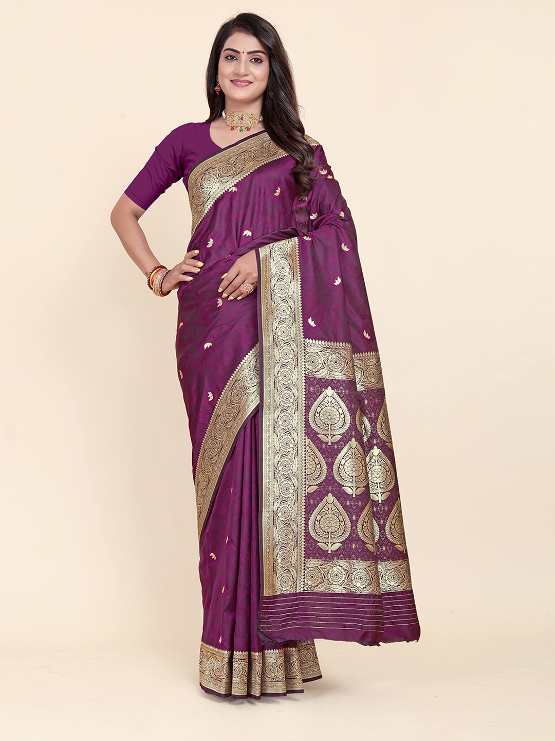 

Rujave Ethnic Motifs Zari woven Pure Silk Kanjeevaram Saree, Purple