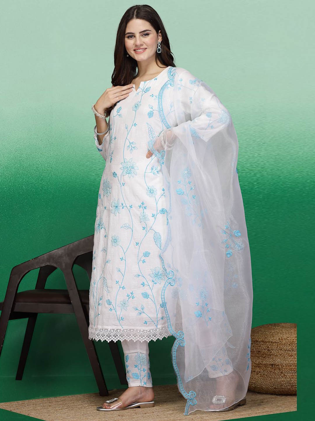 

Ramas Ethnic Motifs Embroidered Thread Work Pure Cotton Kurta with Trousers & Dupatta, White