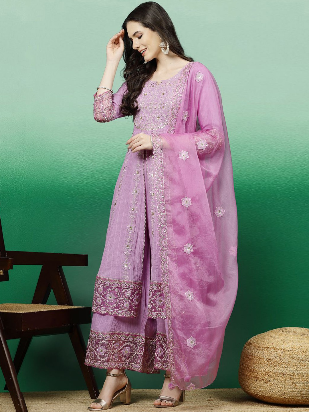 

Ramas Ethnic Motifs Embroidered Regular Sequinned Pure Cotton Kurta with Sharara & Dupatta, Lavender
