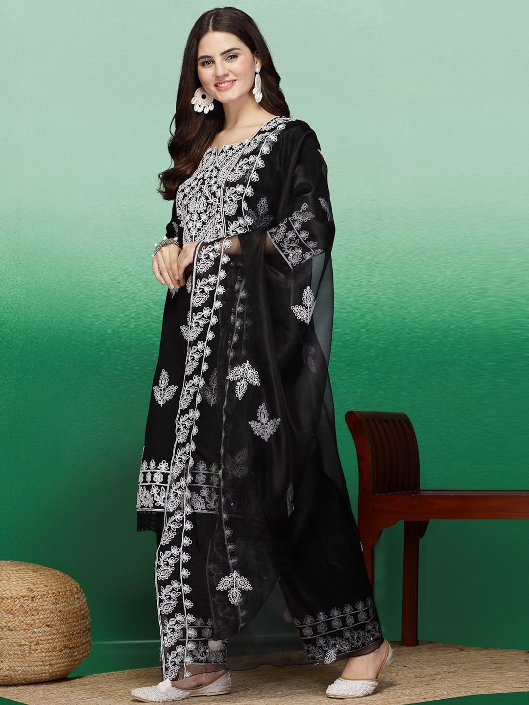 

Ramas Ethnic Motifs Embroidered Thread Work Pure Cotton Kurta with Palazzos & Dupatta, Black
