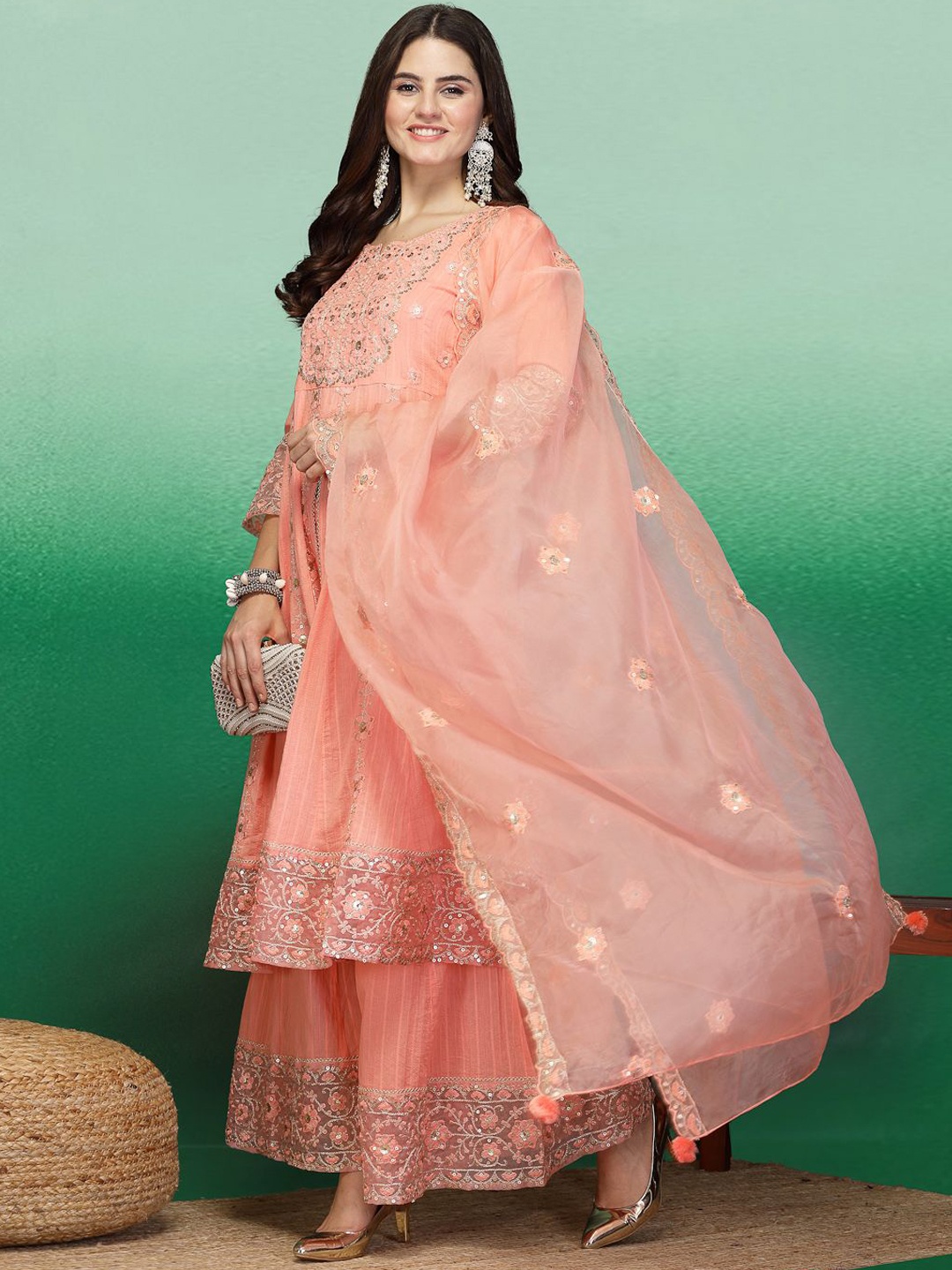 

Ramas Ethnic Motifs Embroidered Regular Sequinned Pure Cotton Kurta with Sharara & Dupatta, Peach