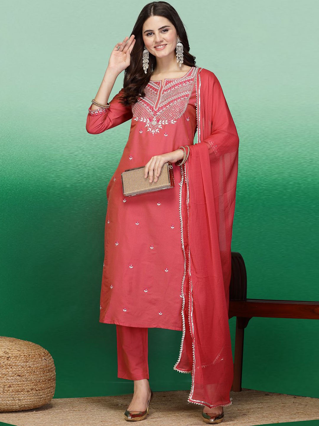 

Ramas Floral Embroidered Regular Sequinned Kurta with Trousers & Dupatta, Peach