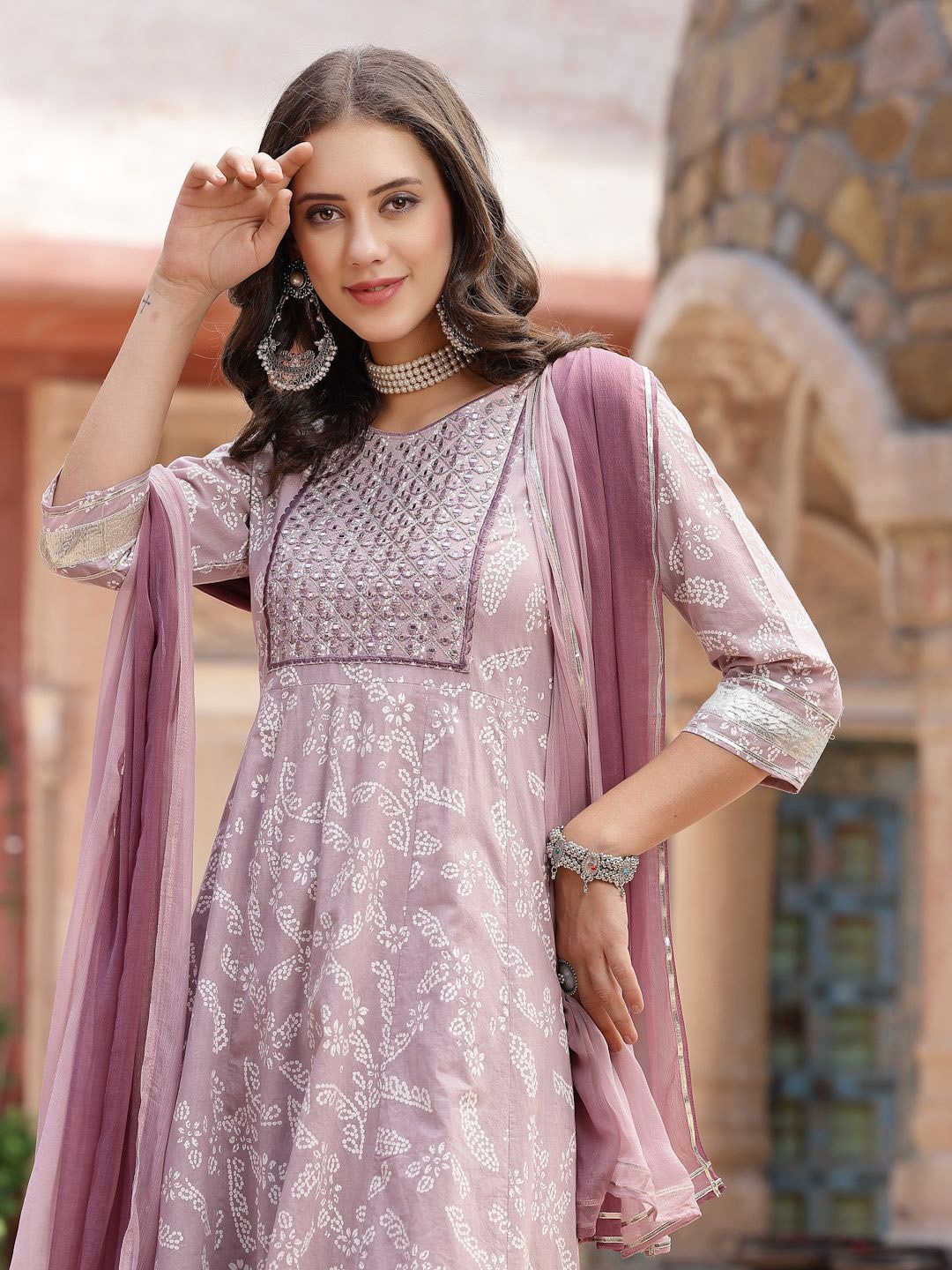 

Stylum Lavender Coloured Bandhani Printed Cotton Anarkali Kurta & Trousers With Dupatta