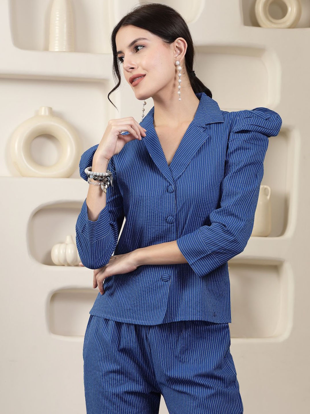 

Stylum Self Design Puffed Sleeves Pure Cotton Shirt With Trouser, Blue