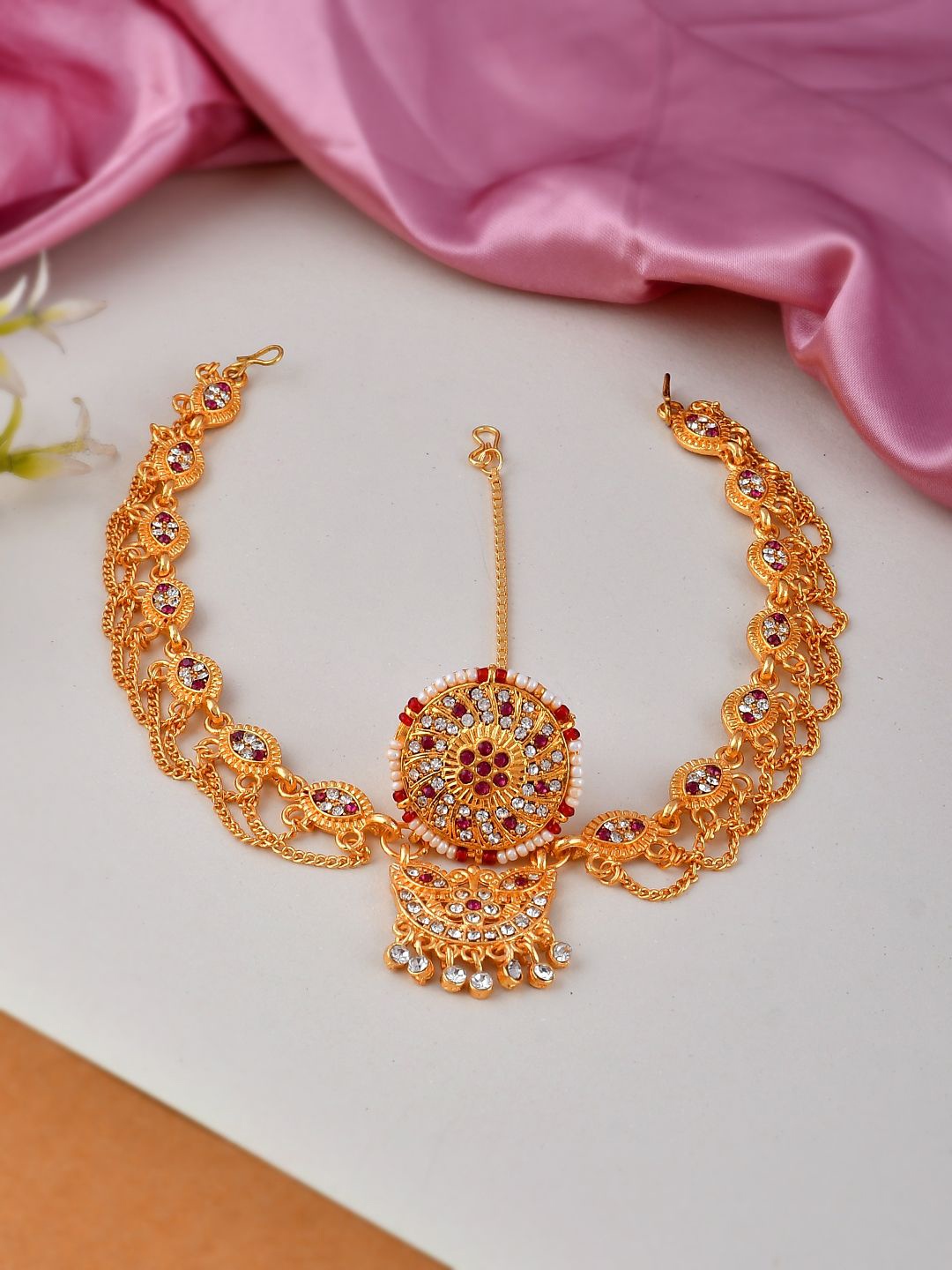 

Silvermerc Designs Gold-Plated Cubic Zirconia Studded Borla Matha Patti