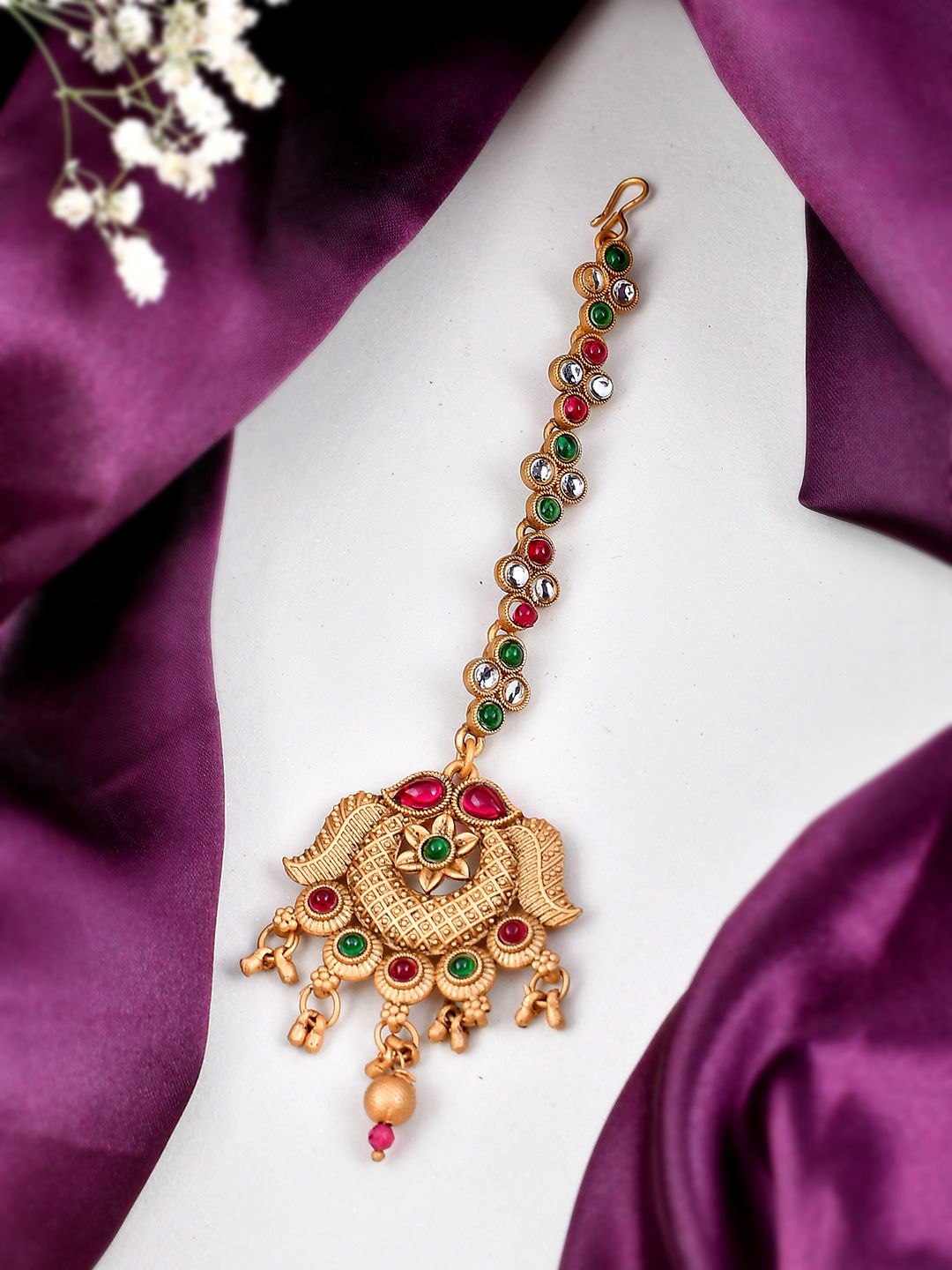 

Silvermerc Designs Gold-Plated Stone Studded Maang Tikka Head Jewellery