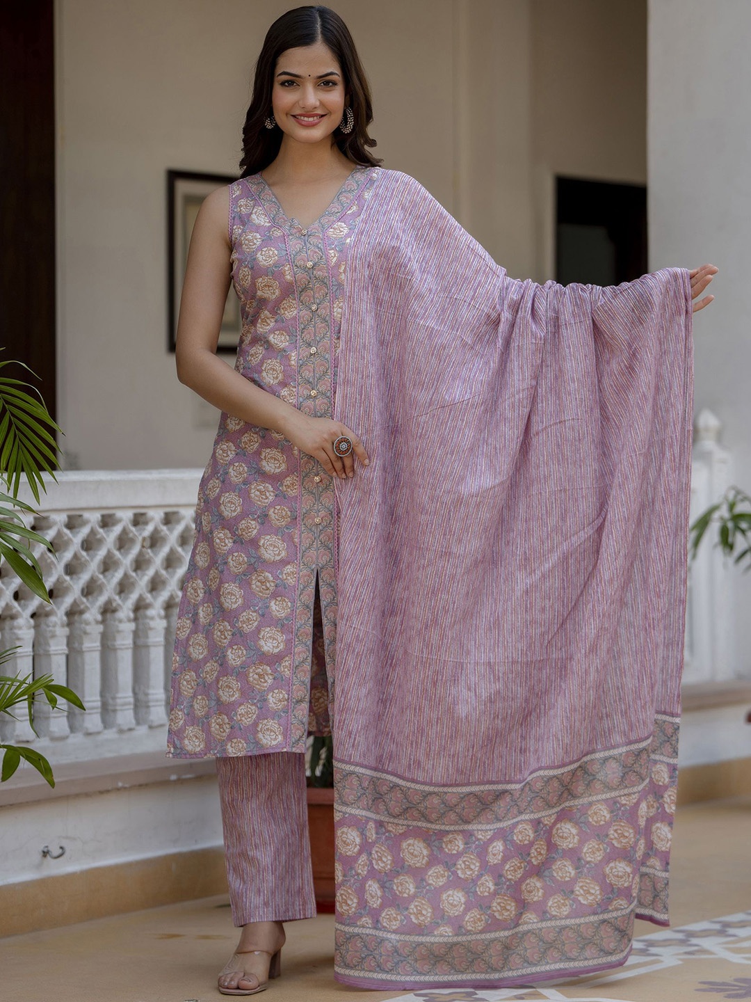 

KALINI Floral Printed Pure Cotton Straight Kurta With Trouser & Dupatta, Pink