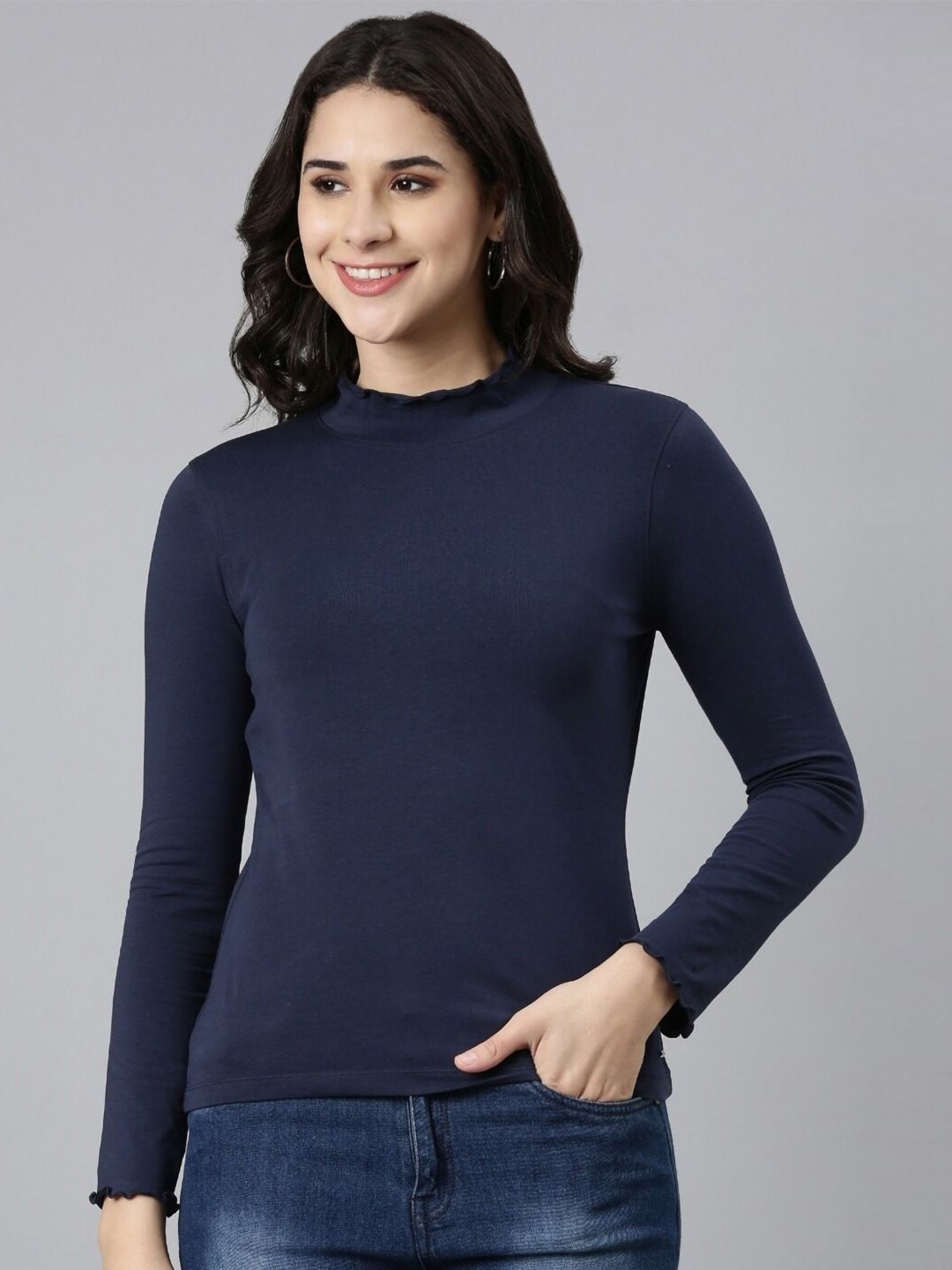 

TWIN BIRDS Women Long Sleeves Raw Edge High Neck Slim Fit T-shirt, Navy blue